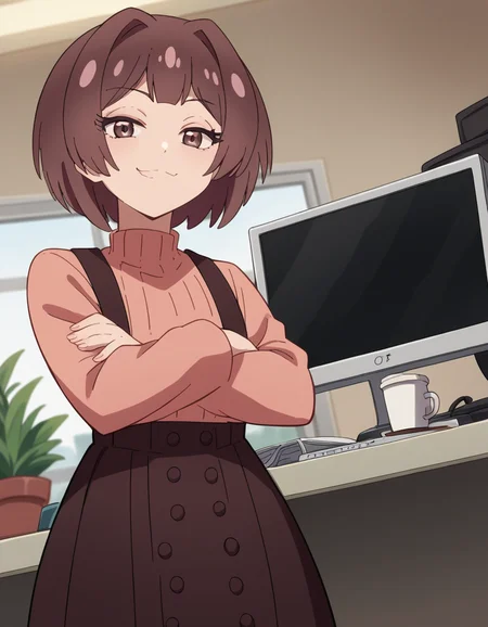 score_9, score_8_up, score_7_up, source_anime, <lora:sakura-sonoue-s1-ponyxl-lora-nochekaiser:1>, sakura sonoue, short hair, bangs, brown hair, brown eyes, hair intakes, bob cut,, skirt, long sleeves, sweater, suspenders, high-waist skirt, brown skirt, suspender skirt, pink sweater, home office, working from home, computer screen, coffee cup, focus, deadline, smile, looking at viewer, crossed arms, smile, smug, solo,, cowboy shot, dutch angle