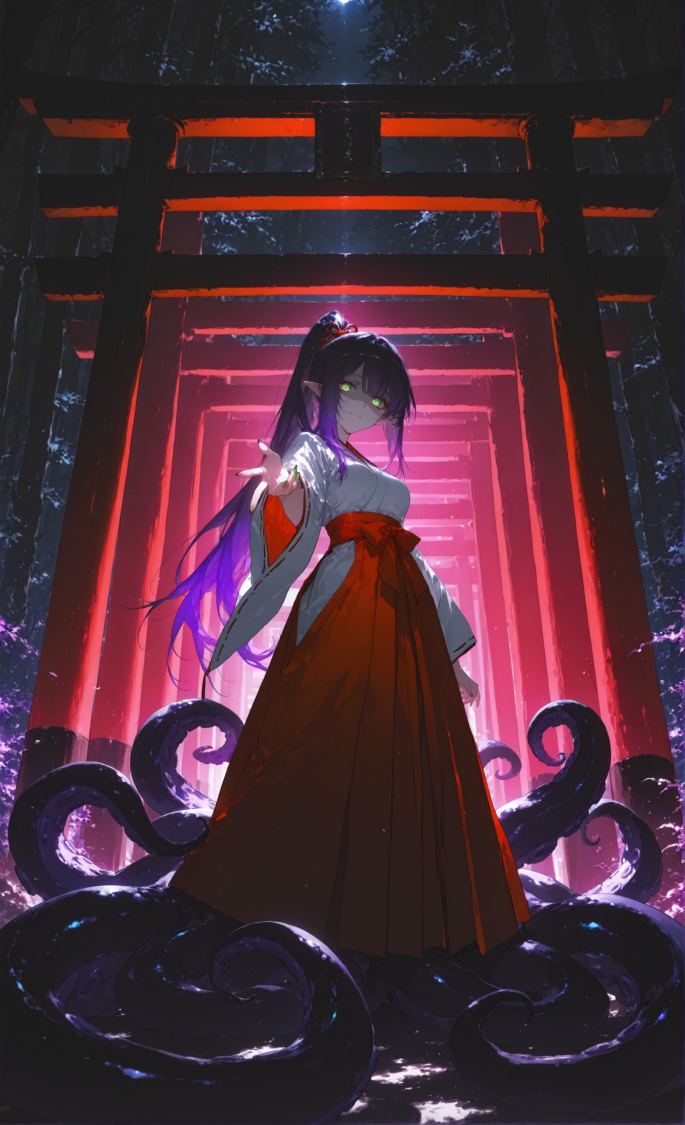 masterpiece, sharp detail, intricate detail, 1girl, (rella, konya karasue), glowing eyes, shaded face, soft smile, medium breasts, high ponytail, (dark deep purple upper hair), gradient hair, red eyeliner, (green tips), long hair, pointy ears, vivid green eyes, scylla, monster girl, 4 thin long purple tentacles growing from back, miko, long sleeves, outstretched hand, reaching out, inviting gesture, extended arm, perspective hand, reaching towards viewer, slightly off-center character, welcoming stance, immersive perspective, engaging pose
  BREAK torii, Lots of torii gates, Eerie, BREAK backlighting,  partially illuminated face, chiaroscuro, volumetric lighting, dappled light, dramatic shadows, cinematic lighting, detailed background, light and shadow contrast, <lora:aboba_prime_3:0.7>,