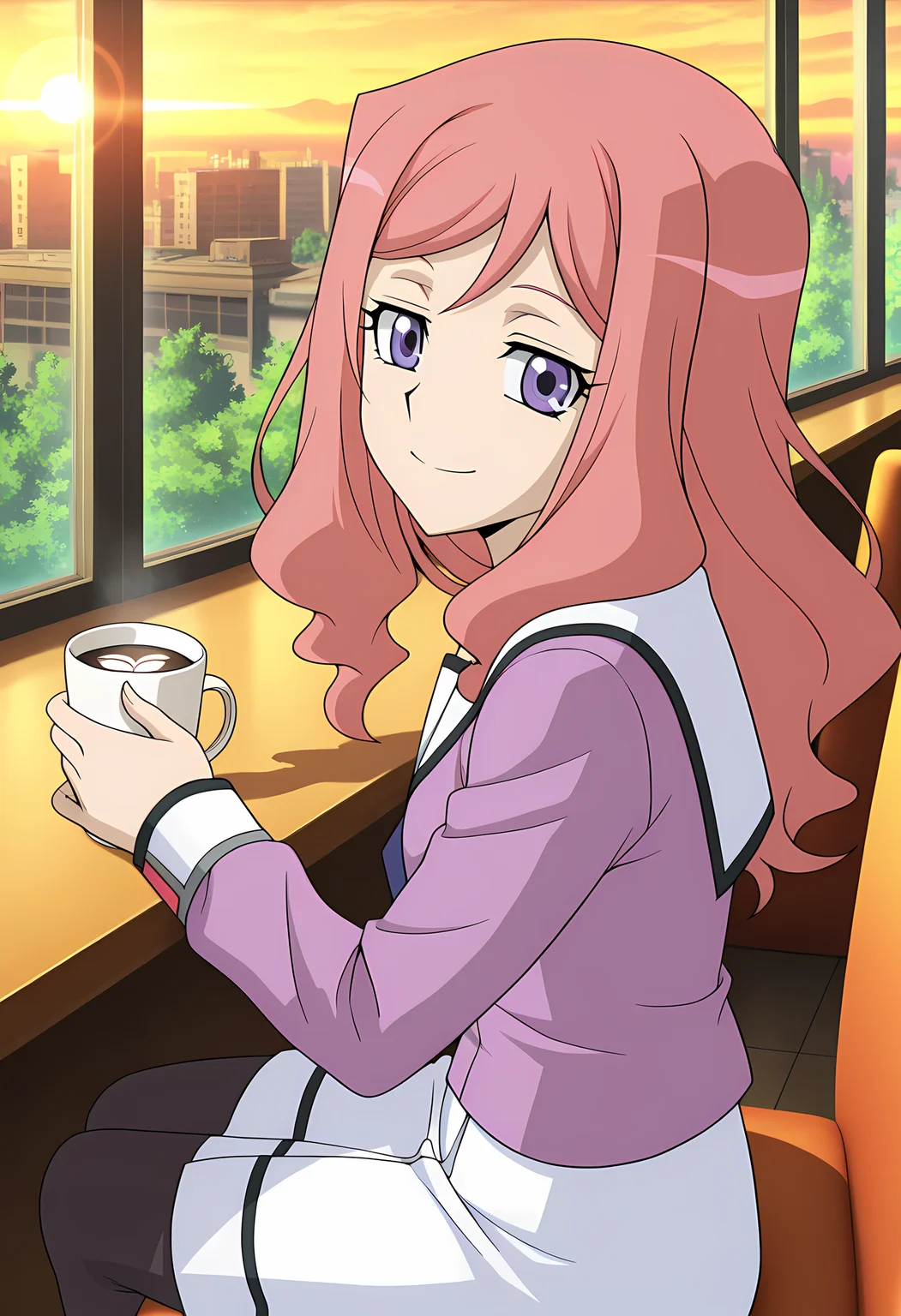 masterpiece,best quality,amazing quality,
solo, face focus,
Kumi Okazaki (Cardfight Vanguard), long hair, pink hair, purple eyes,
school uniform, purple shirt, serafuku, white sailor collar, long sleeves, white skirt, black pantyhose, brown footwear,
Looking at viewer, big smile, from side,
cinematic, upper body, coffee cup,
Sit, sitting, glass, sci-fi city, cafe, greenery,
afternoon, sunset,
Lens flare, bloom, detailed shadow,
Official style, anime screencap, anime coloring,