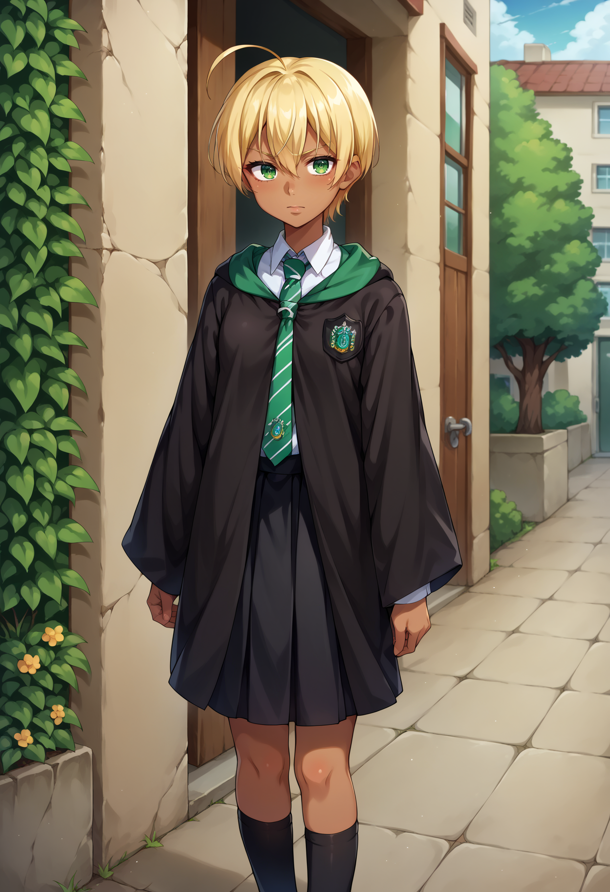 score_9, score_8_up,score_7_up, source_anime,1girl, solo,  <lora:EPsnsIkumiMito:1>, EPsnsMitoIkumi, blonde hair, short hair, ahoge, hair between eyes, dark skin, dark-skinned female, green eyes,  <lora:EPRobeSlytherinPDXL:1>, EPRobeSlytherin, wearing EPRobeSlytherin, black robe, hood down, wide sleeves, green necktie, diagonal-striped necktie, white shirt, collared shirt, badge, black skirt, black legwear, kneehighs, standing, outdoors,