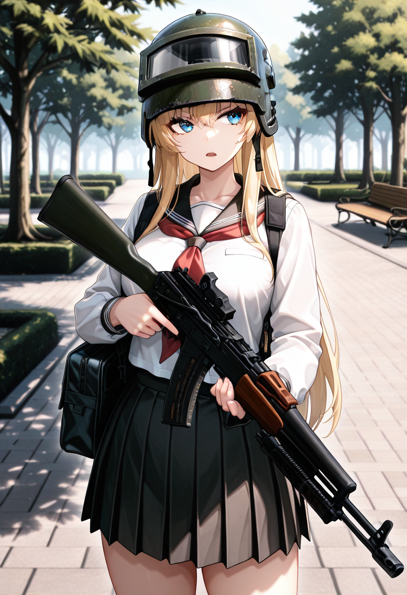 masterpiece, best quality, 4ltyn, combat helmet, visor (armor), 1girl, solo, helmet, cowboy shot, school uniform, park, holding gun, weapon, rifle,
