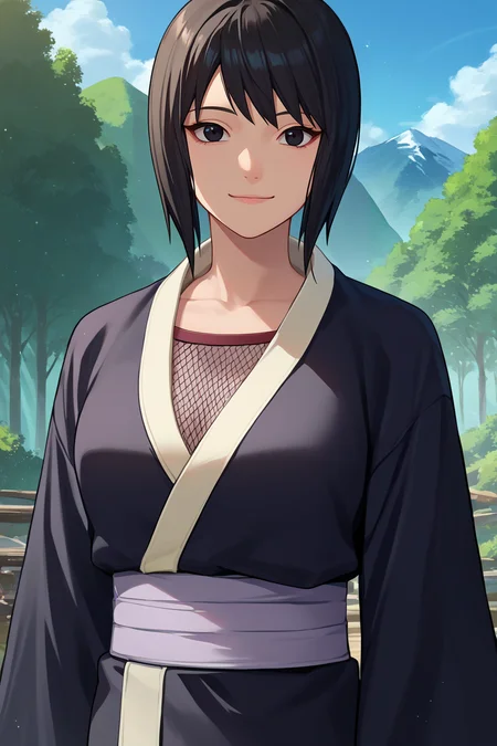 score_9, score_8_up, score_7_up, score_6_up, source_anime BREAK 1girl, solo, <lora:shizune-pdxl-nvwls-v1-000005:1> shizune, black hair, black eyes, black kimono, looking at you, forest, mountains, blue sky, smile, (big breasts:0.6)