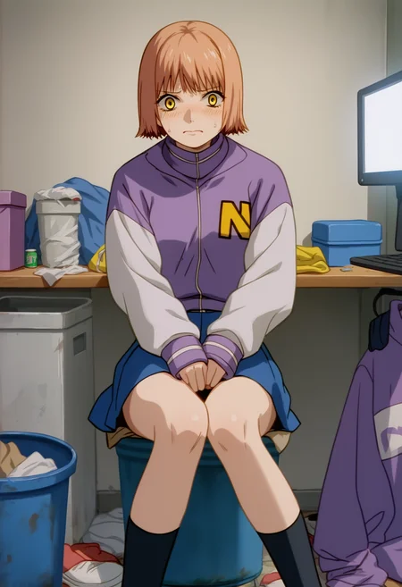 score_9, score_8, score_7, source_anime,
rating_general,
<lora:mikura-ponyxl-000030:1> mikuraova, yellow eyes,
letterman jacket, purple shirt, white sleeves, skirt, blue skirt,
1girl, solo, sitting, caught, messy room, bedroom, trash can, computer, looking at viewer, embarrassed