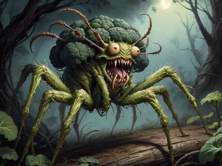otherworldly broccoli Harvestman creature monster, fanged humpbacked branch, high detail, intricate biological detail, absurdres, masterpiece, artwork, Romantic lighting