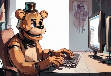 score_9, score_8_up, score_7_up, score_6_up, score_5_up, typ1ng, sitting, keyboard (computer), monitor, freddy, sketch,,