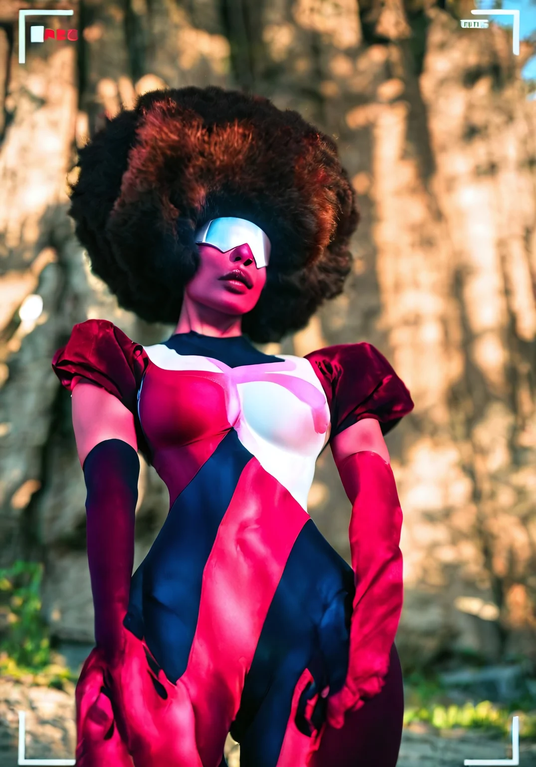 viewfinder,recording,cosplay photo,skin,pale skin, garnet, red skin, brown hair, big cubed afro, white visor, maroon and black bodysuit, long gloves, lips, thick thighs, toned,
outdoors, medium breasts, (realistic,photorealistic:1.2),(masterpiece),best quality,newest,highres,absurdres,<lora:pornmaster skin-noob-V6:0.5>, <lora:il_brightness_slider_d1:-1.4> <lora:cosplay photo-IL-V1-lora:1>
