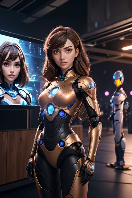 (best quality:1.3),masterpiece,high resolution,photo,realistic,4k,unreal,1 girl,
standing in front of video wall,touching screen,multiple robots,future metropolis,low light,
<lora:Sexy-Spanish:0.8> brown hair, light brown eyes,
<lora:53XY-Gynoid:0.8> gynoid, fembot,
outdoors, futuristic,
<lora:detail_slider_v4:1.2>