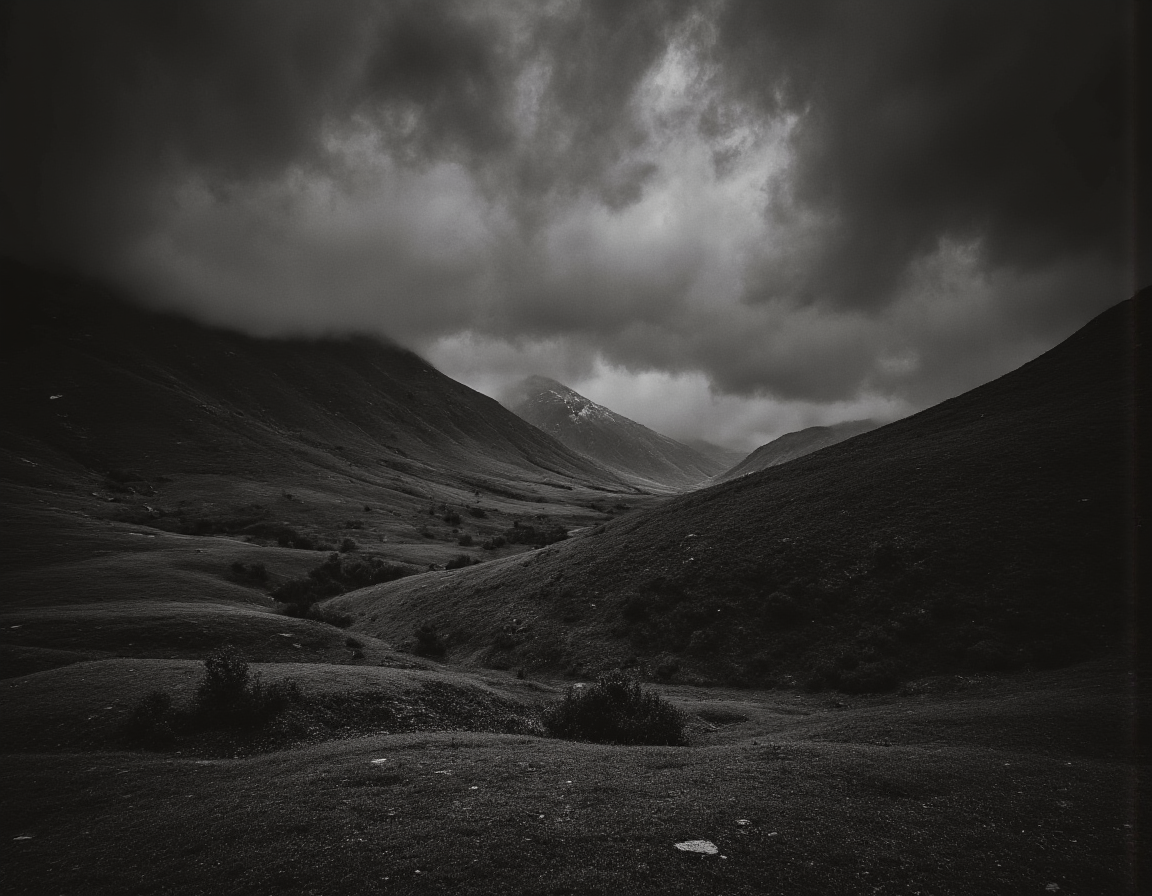  <lora:BWMonochrome:0.85> mono, Photorealistic monochrome landscape, 8k, rolling hills under a stormy sky, stark contrast, detailed textures of grass and rocky outcrops, dramatic lighting with dark shadows and bright highlights, film grain effect, black and white photography style, volumetric clouds . 35mm photograph, film, bokeh, professional, 4k, highly detailed