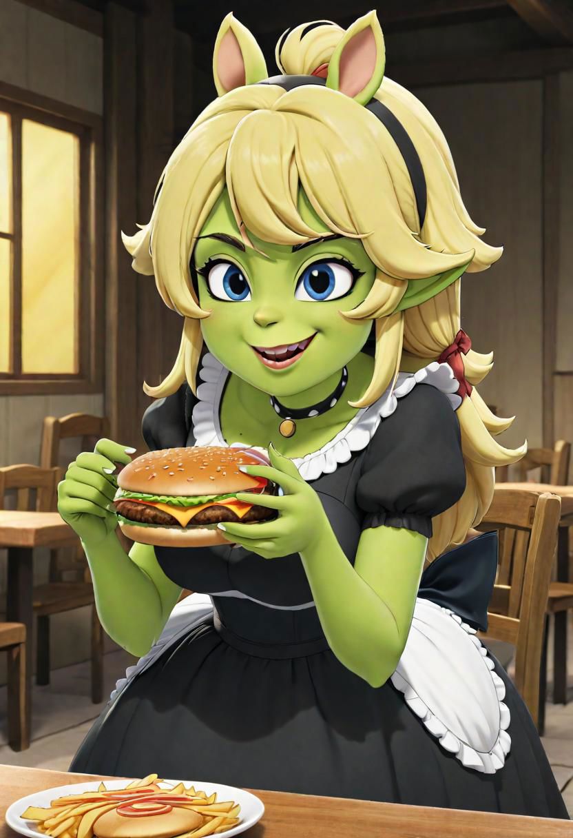2d,anime,shrek_(kemono friends) wearing a dress and eating a cheesburger,1girl,solo,scene from kemono friends
