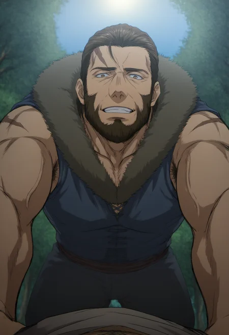 2boys, solo_focus, bandit_SkeletonKnight, scars on face, beard, brown hair, brown eyes, veiny arms, score_8_up, score_7_up, score_6_up, score_9_up, First-person perspective, pov,a muscular man on the ground at forest, (((all_fours))), fantasy, ancient ,medieval, fur collar, (manly),sleeveless shirt, hairy, face_focus, middle-age man, muscular, centered,looking at viewer,  detailed eyes, 8k uhd, high quality, bare arms, armpit_hair, happy, from above, kneel, hand togther, (((from below))),