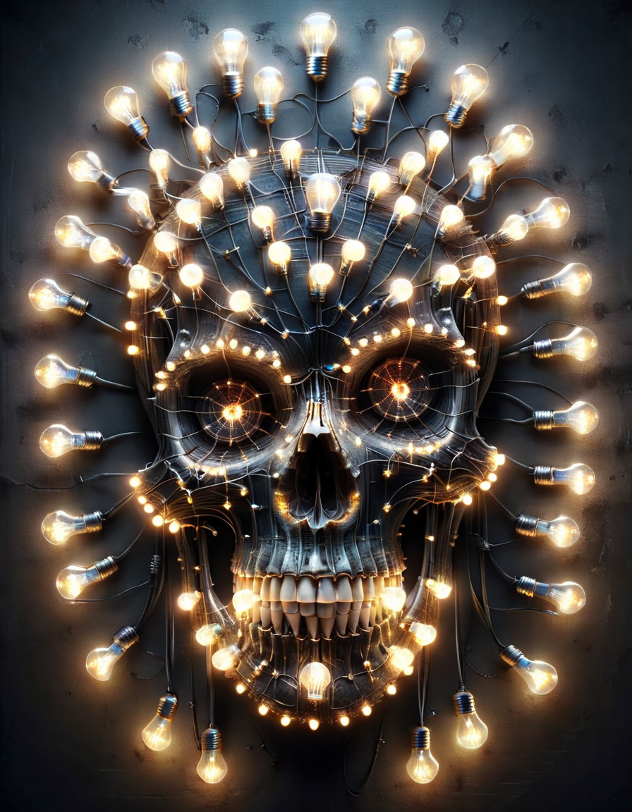 color tubes and wires mechanical, sliced skull in the midle, in the style of ral-lgtblb (over white background), spider web <lora:ral-lgtblb-sdxl:1> ral-lgtblb