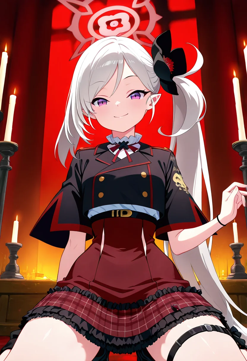 masterpiece, best quality, solo, curvy, beautiful eyes,  narrow waist, wide hips, zzMutsuki, long hair, halo, purple eyes, hair ornament, white hair, side ponytail, grey hair, pointy ears, hair flower,  dynamic angle, foreshortening, close up,   ,       <lora:MutsukiBlueArchiveIXL:1.0>, [Occult Ritual Chamber], Ceremonial robes, Kneeling before a dark altar surrounded by glowing candles and arcane symbols in a shadowy ritual setting.