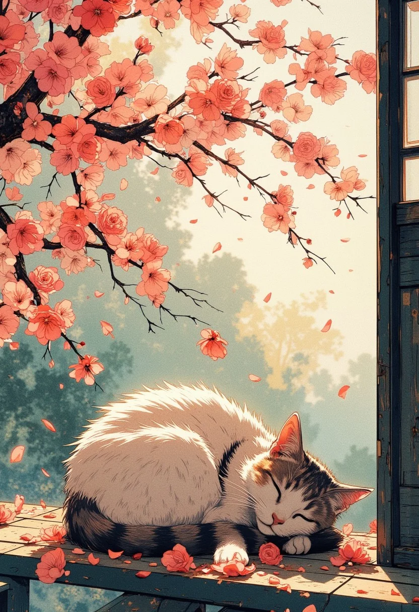 Create a dreamy, ethereal watercolor scene, blending fluid motion and vibrant hues. Depict a peacefully sleeping cat curled atop a sunlit wooden porch, its fur rendered in soft, blended washes of gray and cream. Overhead, a storm of cherry blossom petals cascades in dynamic, swirling strokes, pooling around the cat like a pink-white blanket. Use bold, flowing lines to suggest wind and movement, with petals dissolving into abstract splashes and drips. Accentuate the contrast between the cat’s stillness and the petals' energy, using translucent layers of rose, coral, and ivory. Add subtle gold-leaf accents to mimic dappled sunlight filtering through blossoms, expressive texture. Background: blurred hints of a traditional Japanese garden, rendered in loose, watery gradients of sage and indigo.
extremely high-resolution details, photographic, realism pushed to extreme, fine texture, incredibly lifelike, Cinematic, beautiful, vibrant, masterpiece, 32k, ultra HD, ultra-detailed, amazing quality, amazing artist, sharp edges, detailed textures, full view, atmospheric lighting, amazing visuals