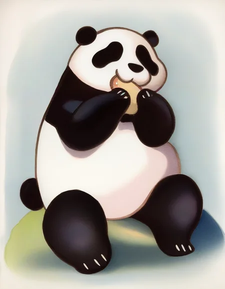 panda, sitting, eating-ramen, happy, no-humans, masterpiece, best quality, newest, absurdres, highres, 