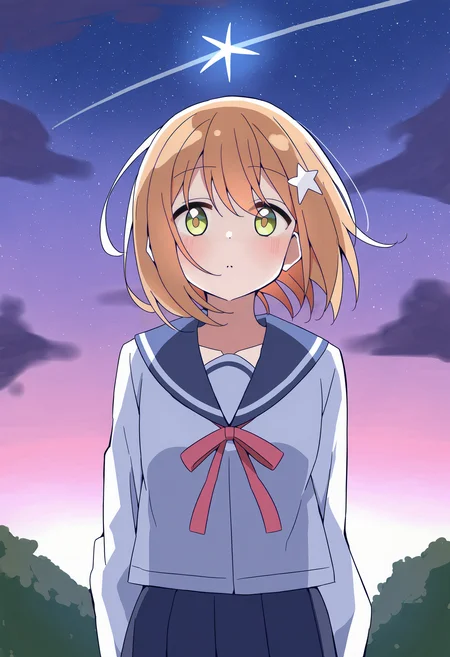 masterpiece, high quality, best quality, absurdres, highly detailed <lora:age_slider_v4:3>,detailed_background,outdoors,long sleeves,serafuku,solo,multicolored eyes,night,female focus,blue sailor collar,hair ornament,blush,sky,sailor collar,looking at viewer,star \(symbol\),konohata mira,v,star hair ornament,school uniform,1girl,night sky,dot nose,outdoors,standing,koisuru asteroid,collarbone,aruminosu,short hair,orange hair