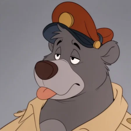 masterpiece, best quality, amazing quality, baloots, male, furry male, anthro, solo, sloth bear, grey fur, two tone fur, grey muzzle, brown nose, black eyes, claws, brown shirt, red pilot cap, bored, tongue out, portrait, grey background