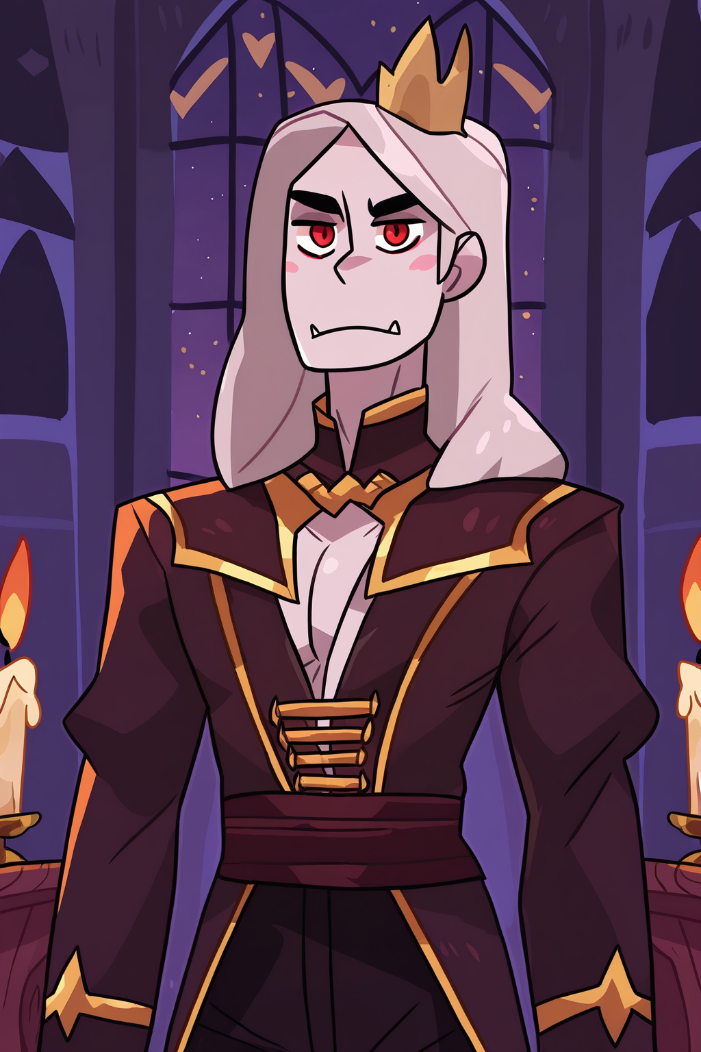 <lora:Monster_Prom:1>, Monster Prom, 1boy, solo, male focus, pale skin, long hair, white hair, red eyes, vampire, gothic clothes, indoors, night, candle, castle,