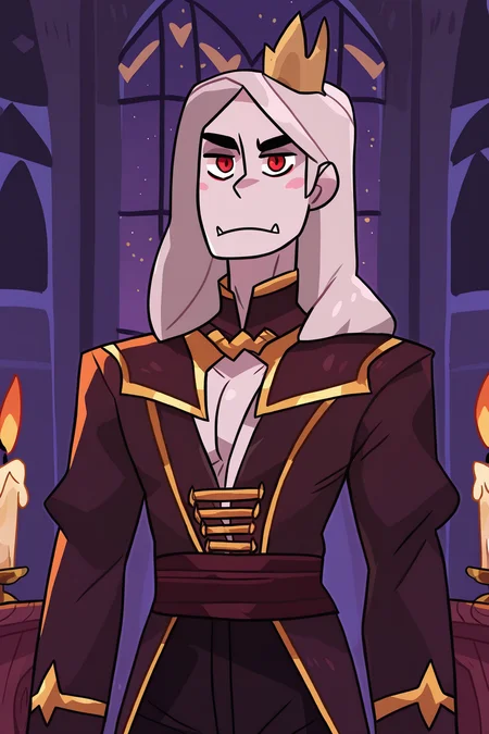 <lora:Monster_Prom:1>, Monster Prom, 1boy, solo, male focus, pale skin, long hair, white hair, red eyes, vampire, gothic clothes, indoors, night, candle, castle,