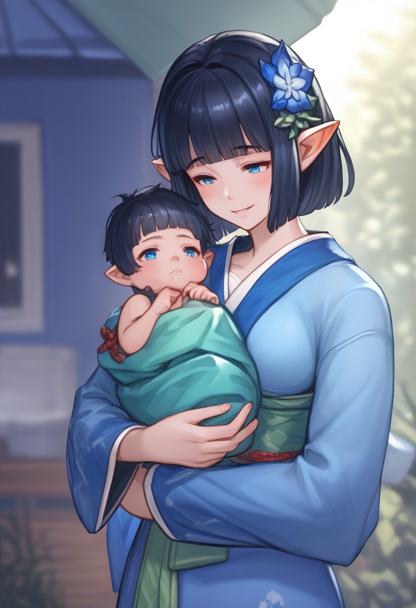 score_9, score_8_up, score_7_up, source_anime , kindly smile, relaxing, standing, singing, <lora:babySwa:1> baby carry, swaddled, black short hair baby, sunlight, <lora:add-detail-xl:3>
,pointy ears, blue eyes and long black hair, couplelunia, blue kimono, long black hair mother, wide long sleeves blue kimono, white sock, green obi, himecut, hime cut, blush, black hair wife, blue eyes, close up shot, upper body, blue flower hairpin,