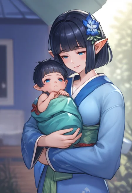 score_9, score_8_up, score_7_up, source_anime , kindly smile, relaxing, standing, singing, <lora:babySwa:1> baby carry, swaddled, black short hair baby, sunlight, <lora:add-detail-xl:3>
,pointy ears, blue eyes and long black hair, couplelunia, blue kimono, long black hair mother, wide long sleeves blue kimono, white sock, green obi, himecut, hime cut, blush, black hair wife, blue eyes, close up shot, upper body, blue flower hairpin,