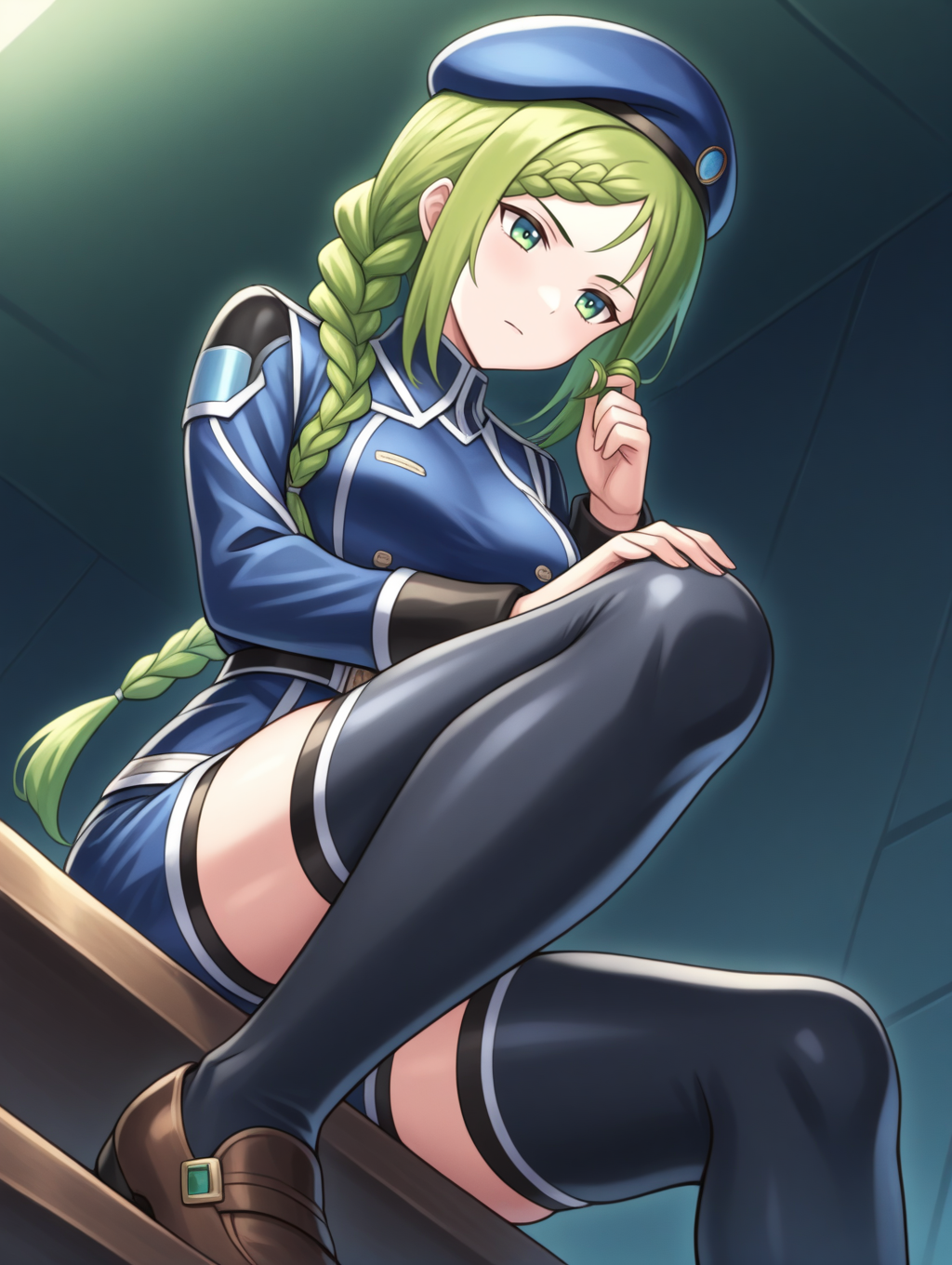 perfect quality,best quality,absolutely eye-catching,ambient occlusion,raytracing BREAK
1girl,<lora:annnu rennpou IL v1.1:0.8>,rennpou,green eyes,green hair,(single braid ponytail:1.2),beret,military uniform,long sleeves,shorts,thighhighs,shoes,, from below,bust,closed mouth,hair_twirling,crossed_arms,hand_on_own_knee,