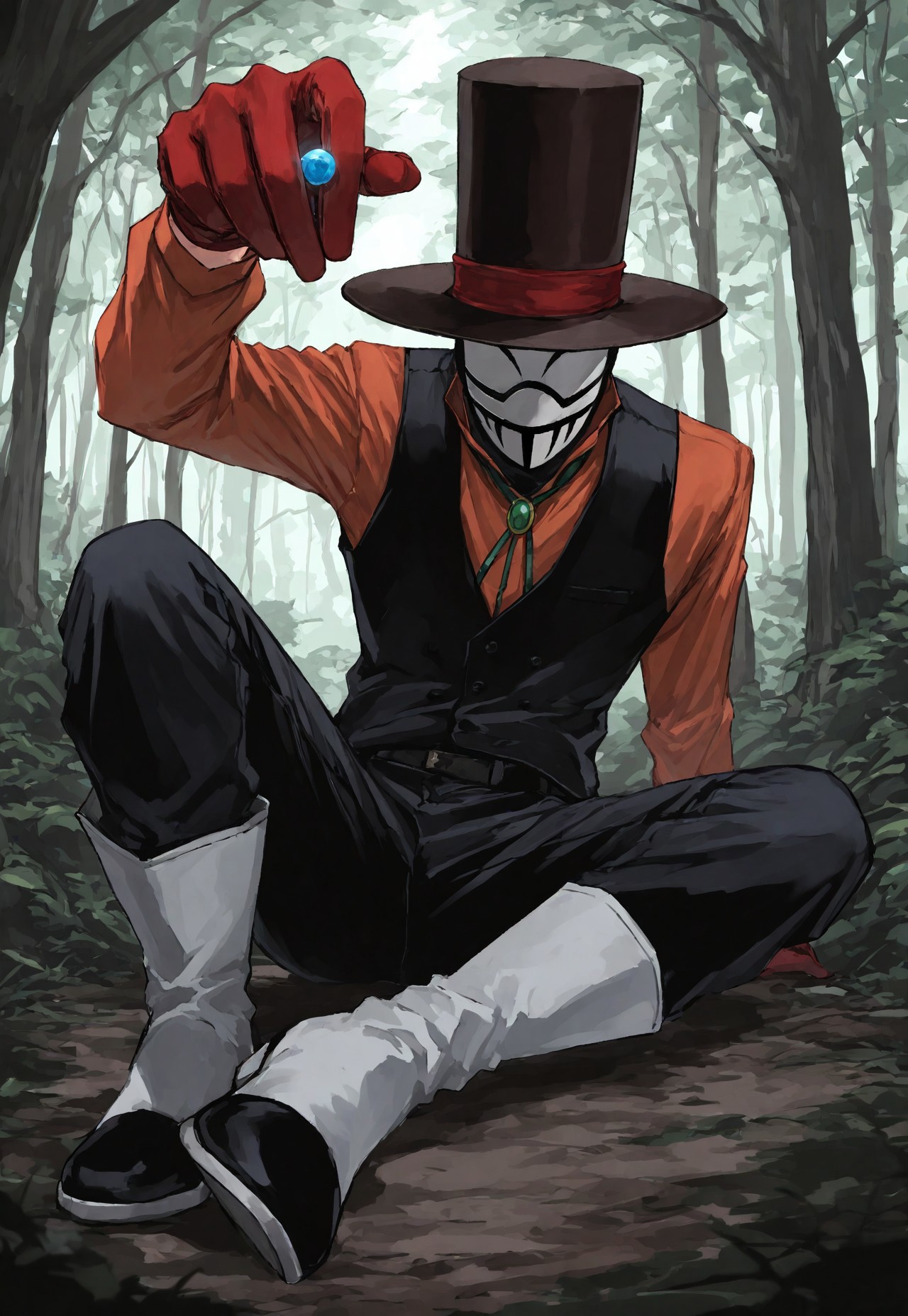 Smooth_Quality, masterpiece, best quality, amazing quality, very aesthetic, absurdres, newest, detailed background, 3ompress, 1boy, solo, top hat, mask, balaclava, shirt, red gloves, pants, boots, holding small marble, between fingers, forest