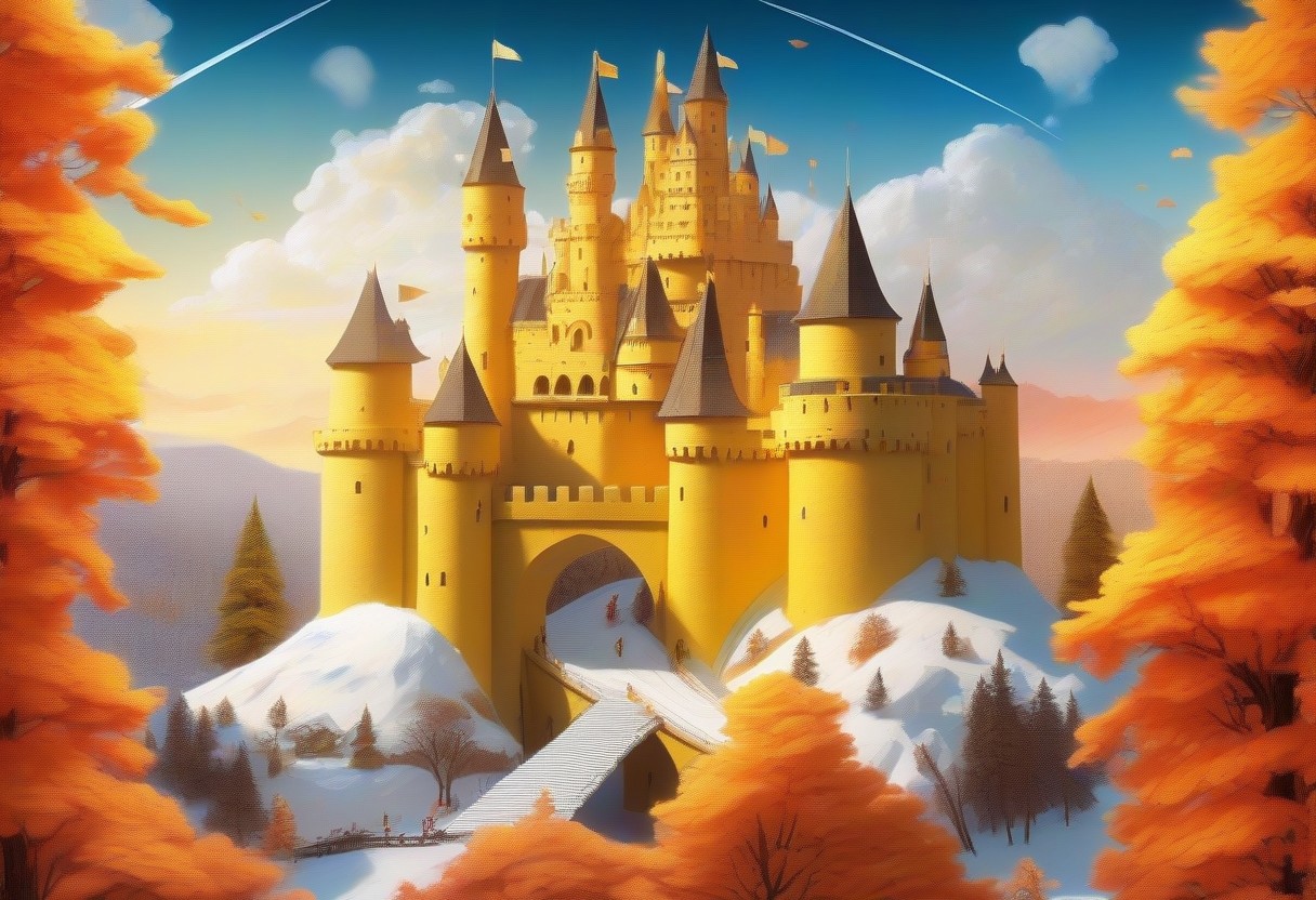 beautiful, fantasy, and complex, detailed portrait , a Big castle,
a  castle made out of Jed-StickyN, into the sky, running
fiery colors, deep white, electric black, molten golden edges,
gold trim,
beautiful, 
ice, snow
in the city, day_time, sun,
Score_9, score_8_up, score_7_up, high quality, 4k, 8k, extremely detailed, dynamic pose, forest, artistic composition, high contrast, intricate detail, high resolution, visual aesthetics, masterpiece, sfw