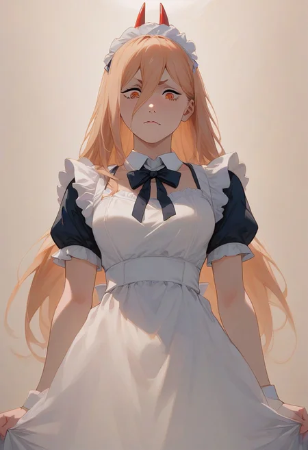 score_9, score_8_up, score_7_up, score_6_up, 1girl, Power_(Chainsaw_Man), nice face, pretty eyes, medium breasts, normal body, maid, sexual maid dress, white stokings, arms spread out to the sides in displeasure, displeased look, stand in hall, fullbody shot, view 3/4