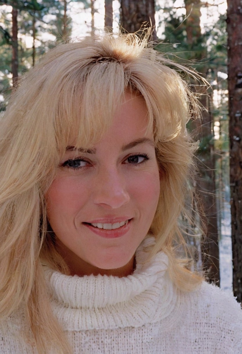 The 1990s, A candid photo, a female, with blonde hair, wearing a white sweater, slight smile, closeup, in a snowy pine forest, Christmas, (soft lighting):1.2, film grain, sharp shadows, Samsung shot, atmospheric