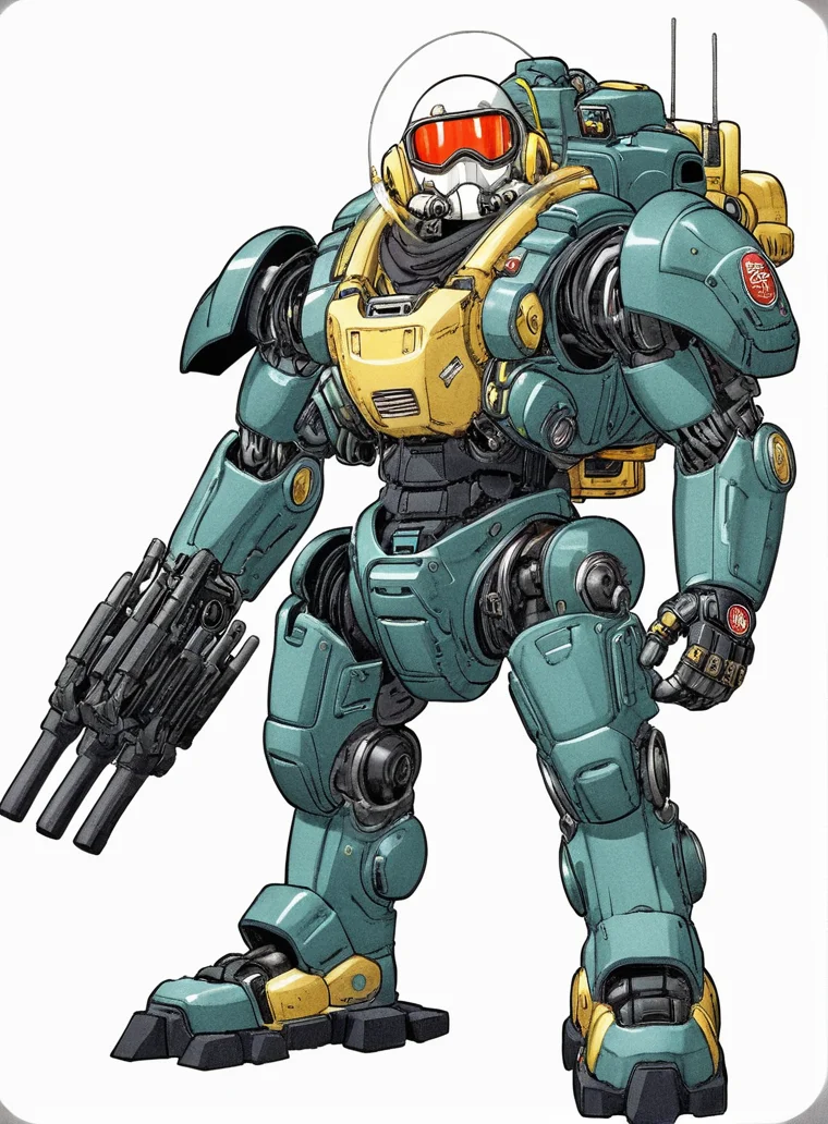 <lora:Akira_Toriyama_vehicle:1> a man controlled military exoskeleton, full body, heavy weapon, cool, manga, hand drawing, full colour, blank background, <lora:add-detail-xl:1.2>, detailed, complex, akira toriyama style, vehicle design, cute