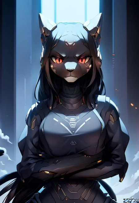 masterpiece, score_9, score_8_up, score_7_up, score_6_up, (by zinfyu), dark atmosphere, emotional depth, cinematic lighting, hyper-detailed, mcnm, source_furry, anthro, furry, 1girl, mechanical Khamira, mech black hair, feline, detailed face, detailed eyes, black fur, cyborg red eyes, ((crossed arms)), cyber cat tail, glowing animal ears, angry, dim dramatic lighting, dark and moody background, emotional and detailed composition, subtle glow in the eyes, hair slightly disheveled, detailed textures and fur