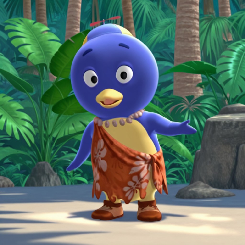 masterpiece, best quality, amazing quality, PabloByil, anthro, male, penguin, blue skin, black eyes, brown caveman costume, brown shoes, necklace, propeller hat, solo, 1boy, jungle