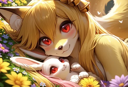 1girl, tail raised, furry female, fox tail, smile, long hair, hair bell, only furry, furry girl, animal ears, 1tail, fluffy tail, smile, red eyes, score_9, score_8_up, score_7_up, solo, (anthro), masterpiece, (fluttershy), detailed background, (portrait), upright, seated, framed in flowers, (close up:2), circuitry in background, yellow hair, looking at viewer, many flowers in hair, holding rabbit, white rabbit, yellow body, (lying in flowers), butterfly, small breasts, joyful, light smile,