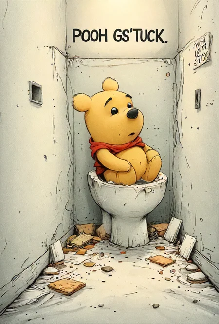 book cover title "Pooh Gets Stuck", toilet, detailed, 8k, <lora:cinexart:0.5>, <lora:wizards_vintage_romance:0.6>, <lora:Harrlogos_v1.1:0.8>, <lora:- SDXL - vanta-black_contrast_V3.0:0.4> <lora:Wizards_MACHINALIA__Things_Come_Alive_:0.2>  <lora:lora:0.8>  <lora:Street_Art:0.8> <lora:artfullyQUILLED_SDXL_V1:0.8>  <lora:SDXL_feelings_Sa_May:0.8> Feelings