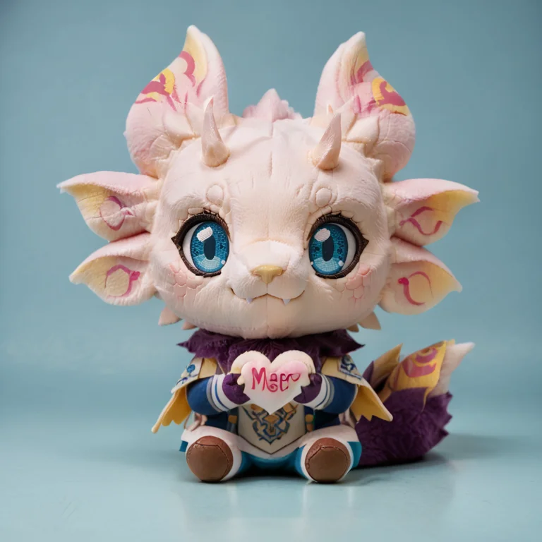 zPDXL,masterpiece,best quality,amazing quality,best aesthetic,absurdres,<lora:woafu_plushify_sdxl_v02:0.9>,realistic,
<lora:Mizutsune-XL-ADAM-V2-000035:0.9>,mizutsune,dragon,(purple tail fur:1.1),authro,fluffy tail,feral,blue eyes,claws,chest fur,neck tuft,
cute,(plushify, chibi, character stuffed toy:1.3),sitting,smirk,holding giant heart,looking at viewer,8k,extremely detailed,digital art,clothed,clothing,