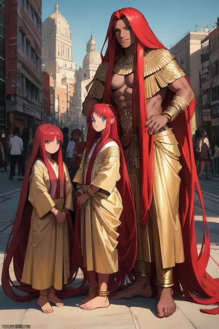 (masterpiece, best quality:1.5), (ultra realistic:1.5), (high detailed skin:1.1), 8k uhd, very high quality, (extremely detailed face:1.5), (muscular:1.5), (father and his identical quadruplet girls:1.5), (4girls:1.5), (insanely dark skin:1.5), (extremely dark-skinned Egyptian-Japanese man and 4 identical girls:1.5), (smile:1.5), (full body:1.5), (intricate golden bracelets and anklets:1.5), (barefoot:1.5), (amazingly bright blue eyes:1.5), (absurdly long ruby red hair:1.5), (super long ruby red hair:1.5), (city background:1.5)