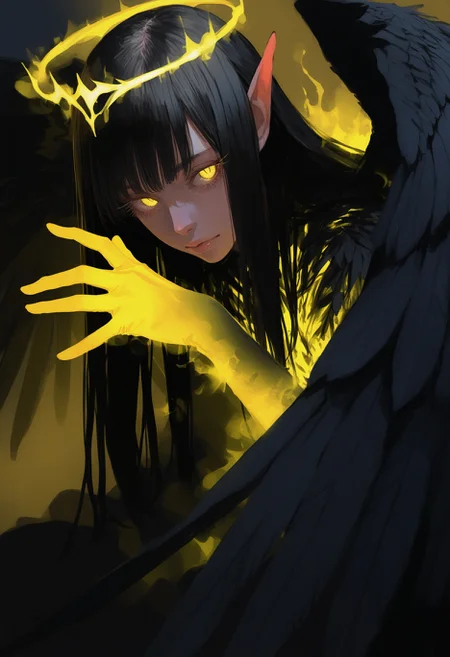 (by maegami /(daisuki oekaki1/):1.3), (by 96yottea:1.1), painterly, (by misawa hiroshi:0.8), film grain, cinematic, (limited palette:1.2), realistic, nose, lips,
masterpiece, best quality, amazing quality, very aesthetic,
(glowing yellow aura:1.1) theme, (dynamic pose:1.2), glowing yellow arms,
aurel crown, 1girl, black hair, straight hair, sideways glance, staring, glowing yellow eyes, slit pupils, thick eyelashes, long eyelashes, glowing halo, winged halo, elf ears, glowing clothes, glowing eyes,
black feathers, feathered wings,
detailed background, glowing theme,
<lora:nhl-001-20:0.75> nhl-001