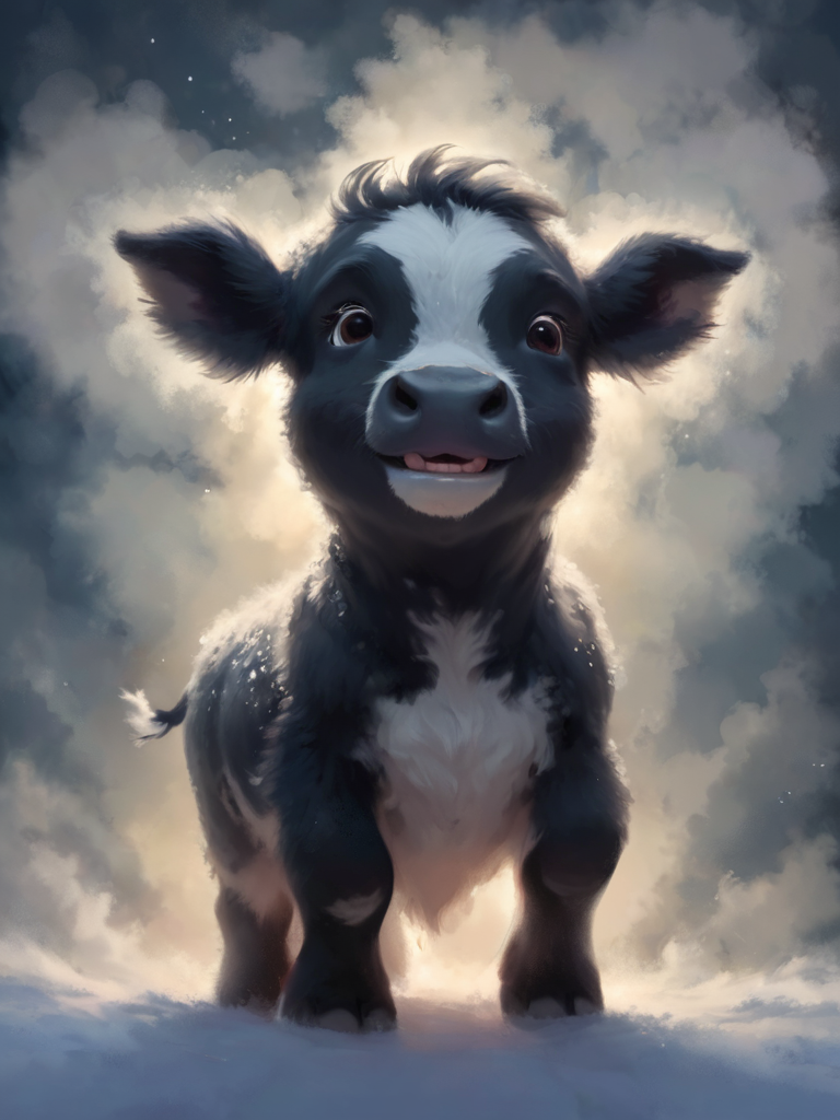 ptm-no2, snowflakes falling onto the head of a cute cow, nighttime, glow,  <lora:- SDXL - ptm-no2_style_V1.0:.8>