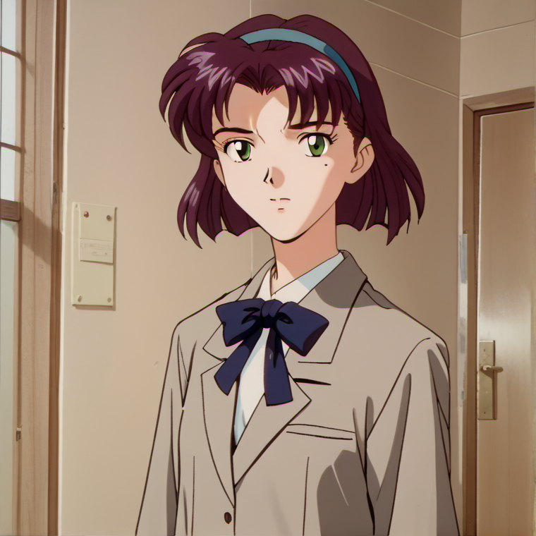 1girl, solo, rits3, detailed face, purple hair, short hair, green eyes, school uniform, blue hairband, skirt, bow, mole under right eye, mole, standing, teen, young, retro artstyle, <lora:rits3:1>,