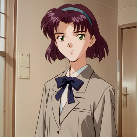1girl, solo, rits3, detailed face, purple hair, short hair, green eyes, school uniform, blue hairband, skirt, bow, mole under right eye, mole, standing, teen, young, retro artstyle, <lora:rits3:1>,