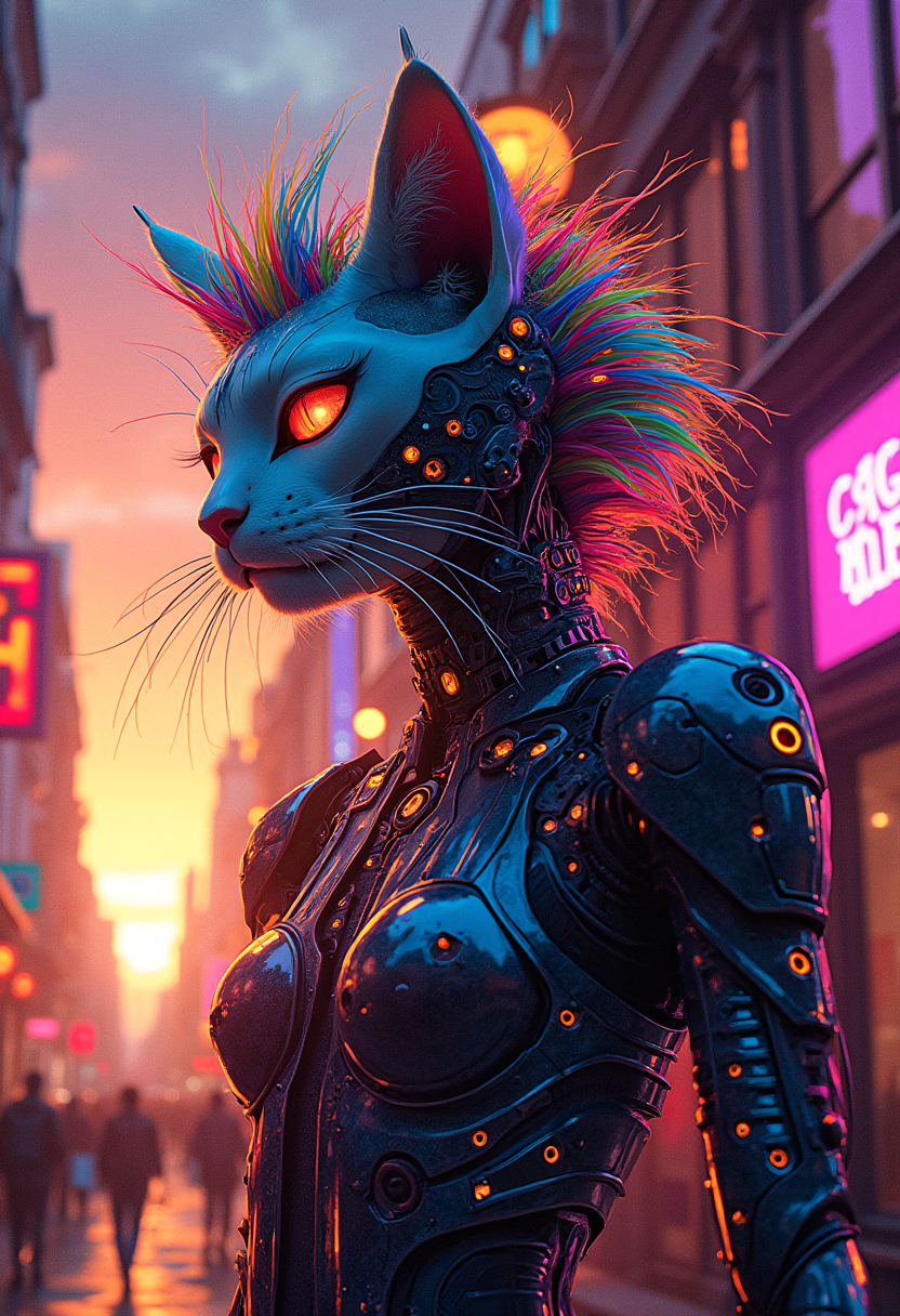 cyberdelicpunk style, at sunset, a cat-human hybrid stands proudly outside a futuristic D&G-style boutique, sleek carbon fiber mechanical arms, atmospheric perspective, hairstyle a riot of colorful spikes and dye, augmented enhancements visible, glowing circuits and fiber-optic strands and LEDs of pulsing with energy, and explosion of creative chaos, vibrant colors and bold outlines, style of Wayne Barlowe meets Jean-Paul Goude, <lora:other/flux_realism_lora> . psychedelic and surreal aesthetic with digital elements, augmented futuristic technology