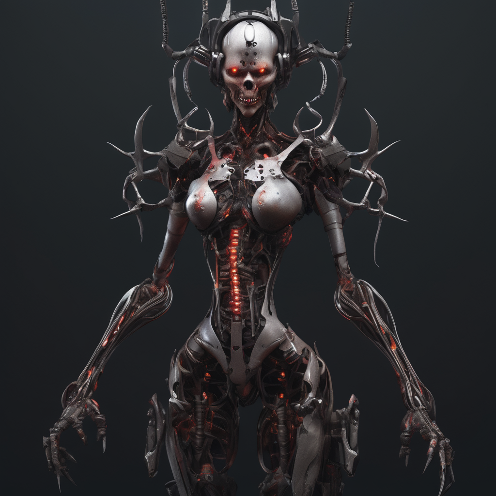 imagine a super detailed image of a hellish demonic female cyborg, full-body view, high angle shot