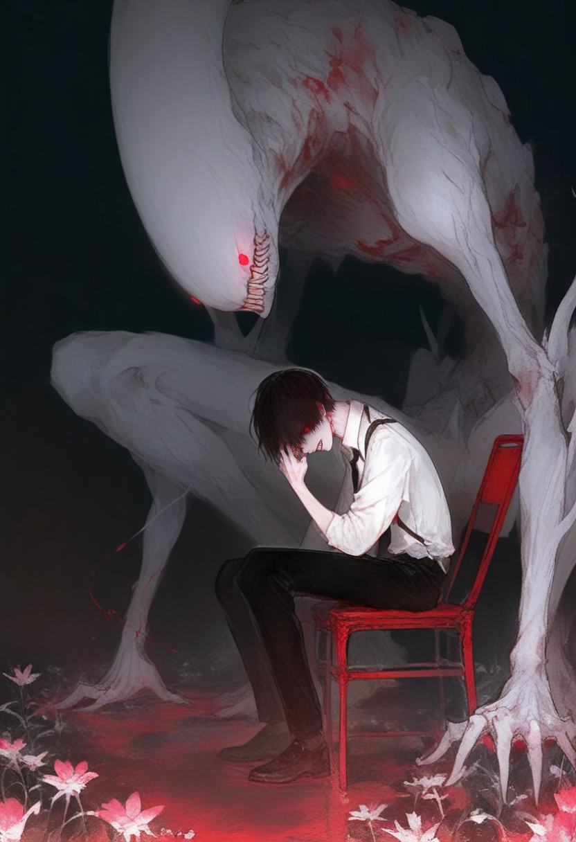 sitting, black pants, shirt, pants, teeth, white shirt, chair, 1boy, short hair, blood, red eyes, sharp teeth, black necktie, monster, male focus, flower, glowing, necktie, black hair, dark background, collared shirt, black background, from side <lora:748cmXL_il_lokr_V5311P:0.95>