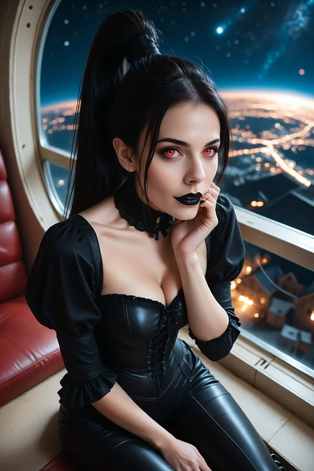 (style\d0f_v2:0.4), (location\c4stl3_v1:0.8), m0r4n4, g0th1c80dy5u1t, score_9, score_8_up, score_7_up, 1girl, from above, hand on own chin, night, space station, outer space, zero gravity, cartoon, <lora:style\d0f_v2:0.4>, <lora:location\c4stl3_v1:0.8>, <lora:m0r4n4:1.0>