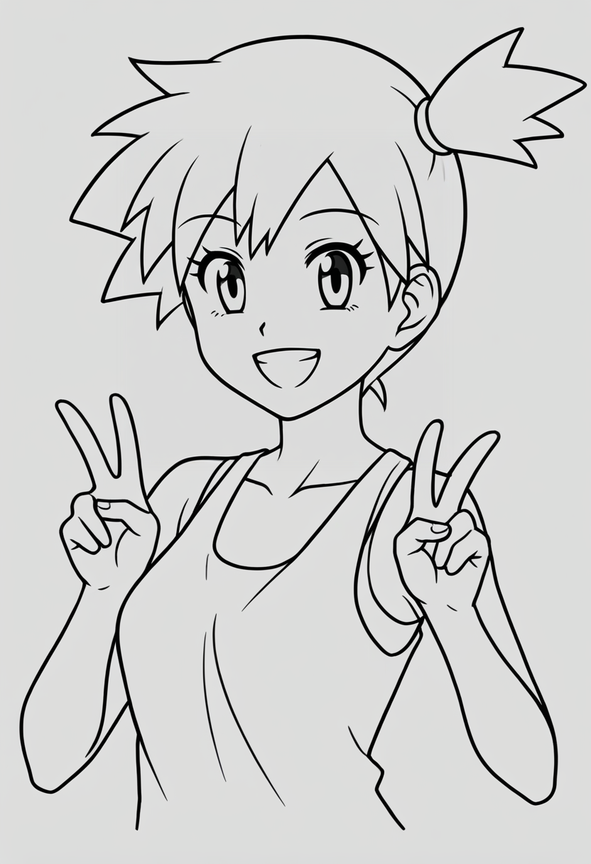 lineart, 1girl, <lora:LineArtF:0.85> misty from pokemon, smile, v sign, upper body, 
(simple background),
