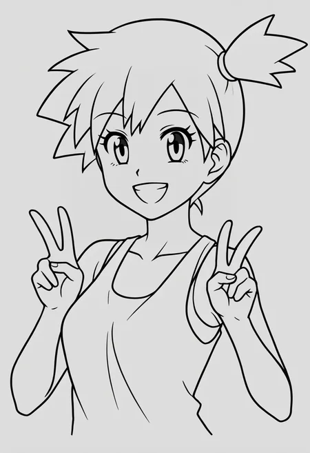lineart, 1girl, <lora:LineArtF:0.85> misty from pokemon, smile, v sign, upper body,
(simple background),