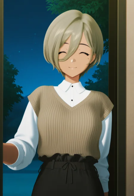 GBC_RUPA,solo,1girl,short hair,mole,mole under eye,smile,hair between eyes,closed mouth,facing viewer,portrait,night,outdoors,yellow eyes,gray green hair,brown sweater,black pants,cowboy_shot,dark-skinned female,sweater vest,white shirt,
<lora:GBC_RUPA_illustrious-000042:1>
