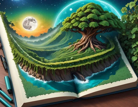 Abstract style (Digital Artwork:1.3) of (Detailed illustration:1.3) <lora:Book_FFusion:1> a book with a tree on it and a moon, fantasy book illustration, fantasy rpg book illustration, detailed book illustration, fantasy tree, 3 d epic illustrations, fantasy book, storybook art, artbook artwork, 4k detailed digital art, background artwork, detailed fantasy illustration, fantasy magical vegetation, fantasy highly detailed, whimsical fantasy landscape art, detailed fantasy digital art,CGSociety,ArtStation,(Abstract Art:1.3),(Surrealism Art:1.3),(Geometric Abstract Art:1.3),naturalism,land Art,regionalism,shutterstock contest winner,trending on unsplash,featured on Flickr . Non-representational, colors and shapes, expression of feelings, imaginative, highly detailed
