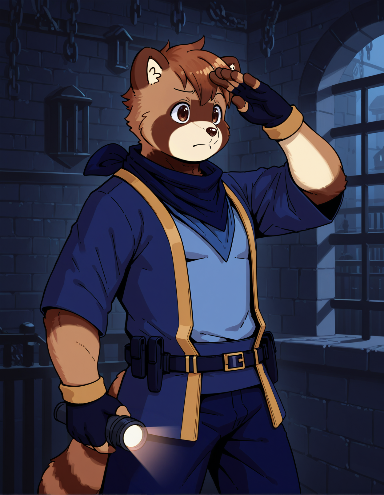 kojunior, red panda, solo, anthro, male, police uniform,
fingerless gloves, blue neckerchief,
hand above eyes, salute, 
dungeon, holding flashlight, confused, raised eyebrow, 
three-quarter portrait, looking away, pose,
<lora:ThreefoldRecital_2.11:1>