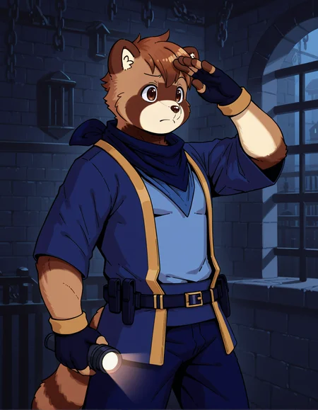 kojunior, red panda, solo, anthro, male, police uniform,
fingerless gloves, blue neckerchief,
hand above eyes, salute,
dungeon, holding flashlight, confused, raised eyebrow,
three-quarter portrait, looking away, pose,
<lora:ThreefoldRecital_2.11:1>